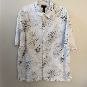 Men's Linen Leaf Print Button Down Shirt, Sz XXL